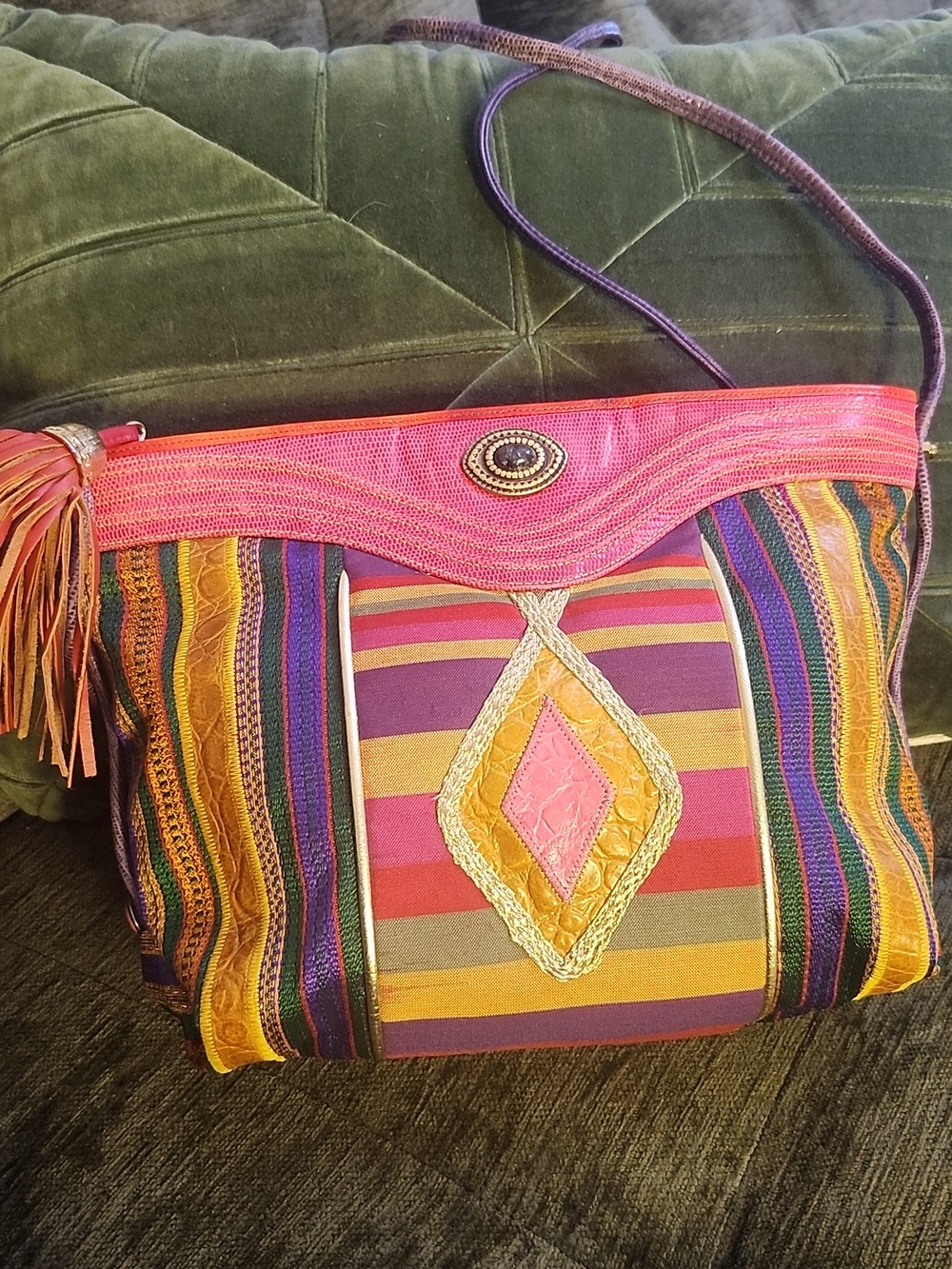 Sharif Vintage Reptile Leather, Stones, Colorful Tapestry, Shoulder Bag W/Tassel